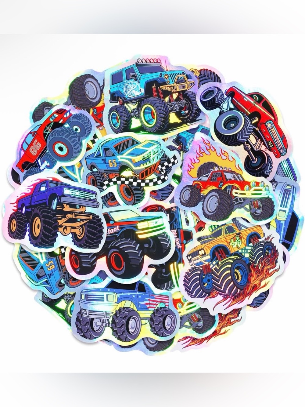 50 Pc Holographic Monster Truck Stickers, Monster Truck Party Favors,Decorations